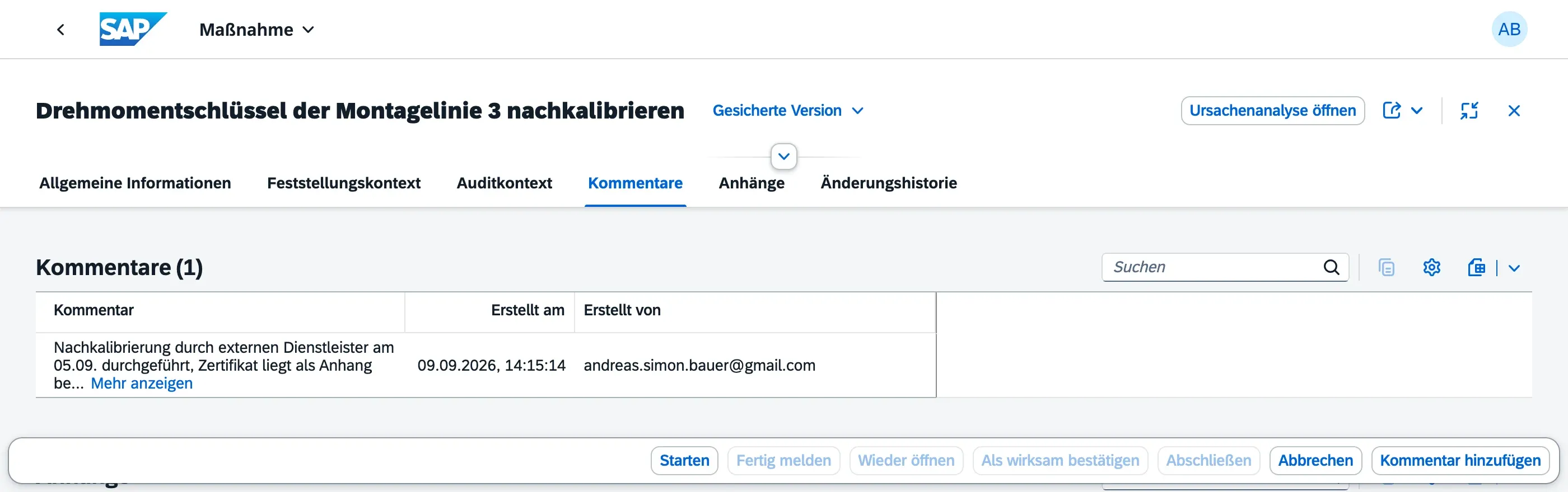 Reiter Kommentare einer Maßnahme mit einem eingetragenen Kommentar