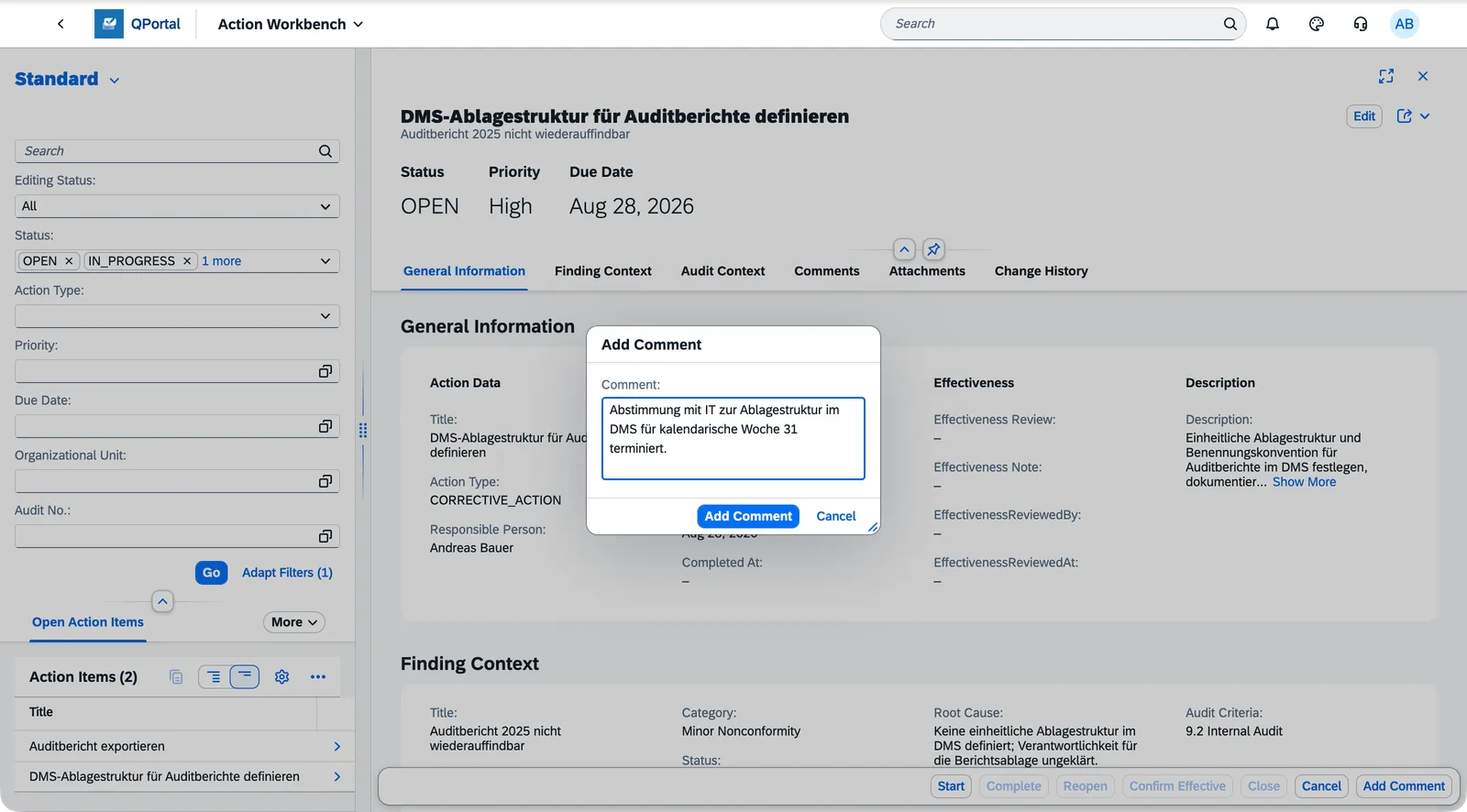Geöffneter Dialog „Kommentar hinzufügen“ im Action Workbench