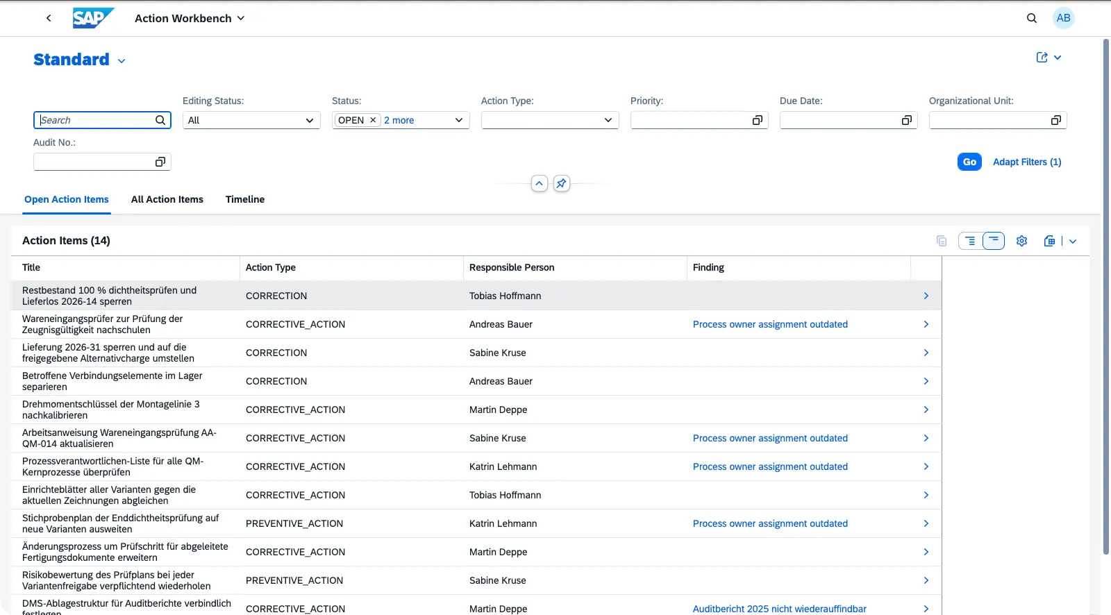 Action Workbench mit Maßnahmen aus Feststellungen und aus Ursachenanalysen nebeneinander
