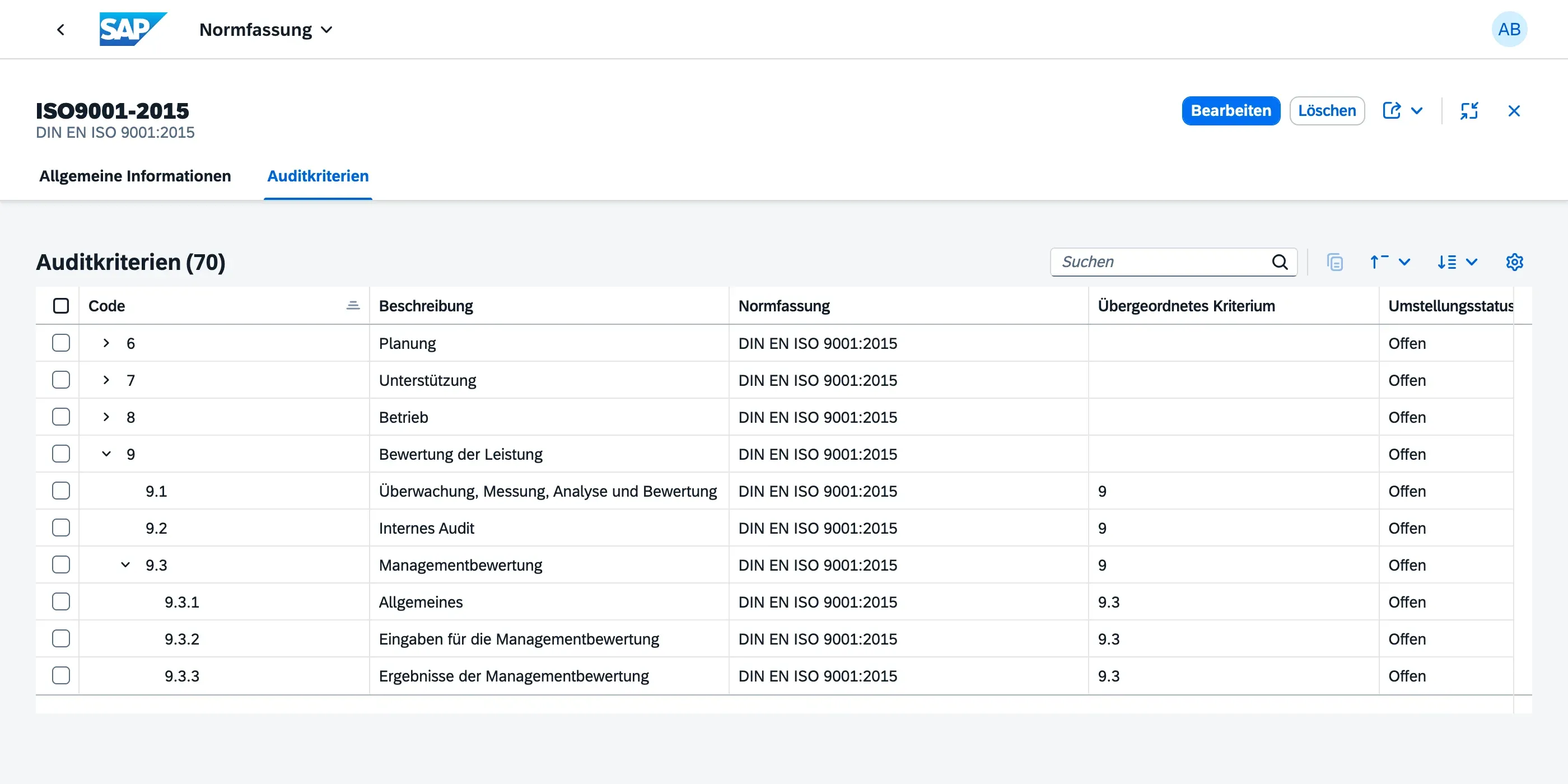 Auditkriterien-Baumtabelle mit der hierarchischen Klauselstruktur