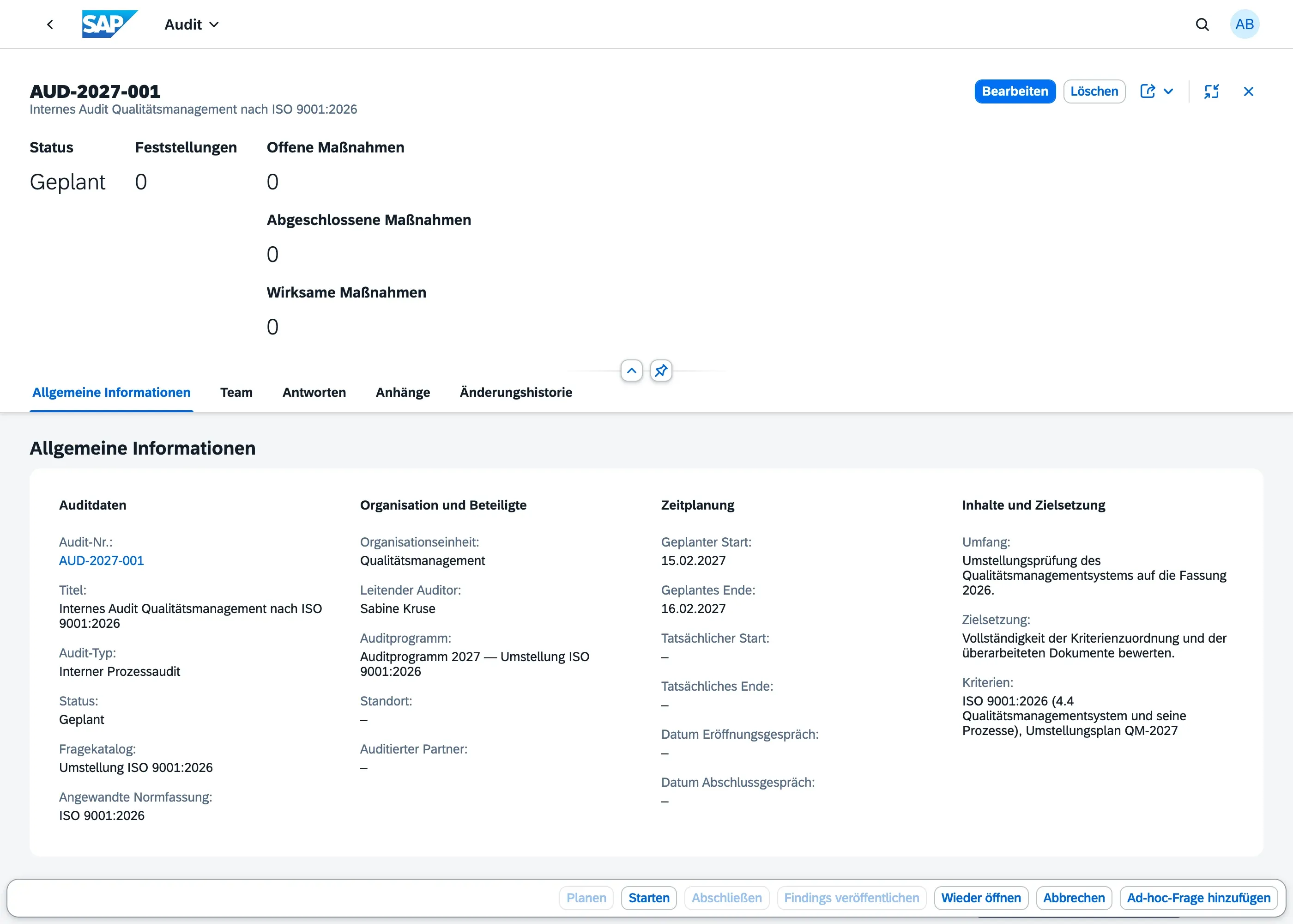 Audit-Objektseite im Status „Geplant“, in der nur Starten, Wieder öffnen und Abbrechen aktiv sind