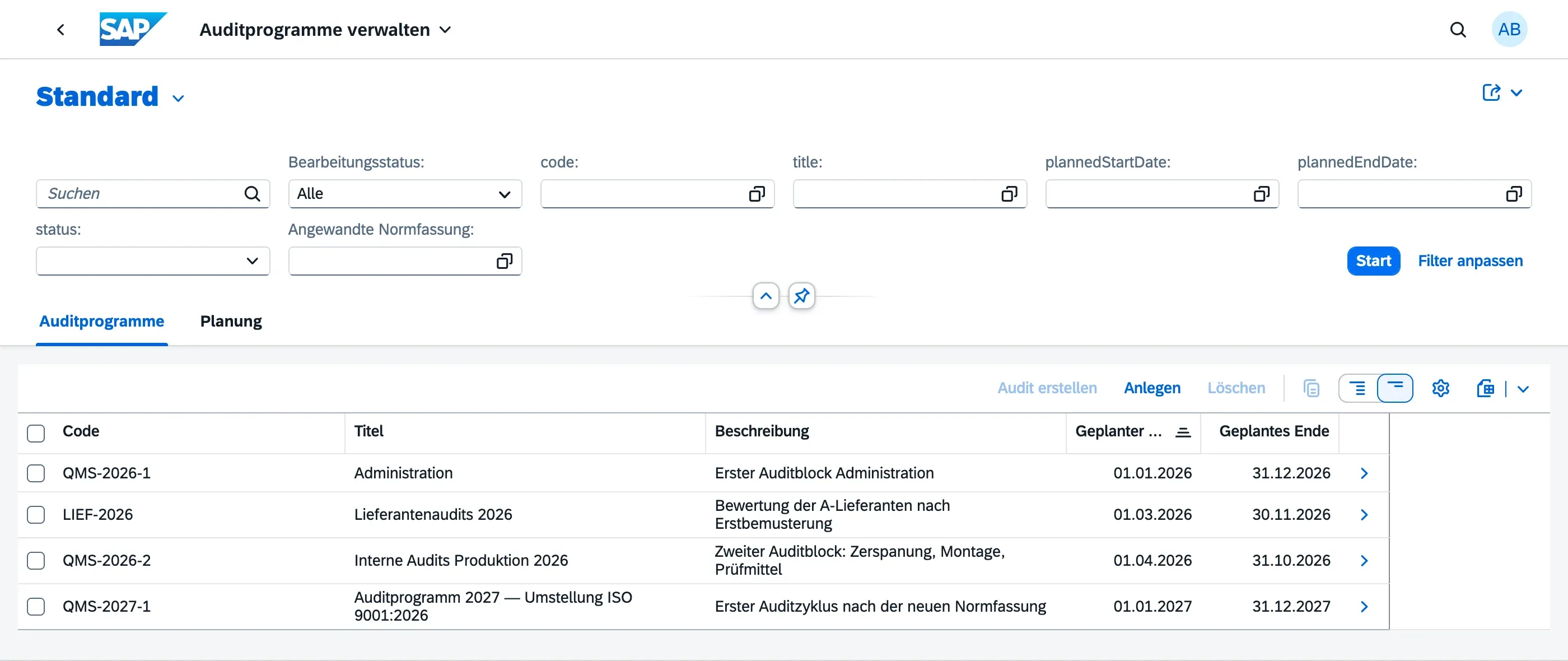 Auditprogramme-List-Report mit Code, Titel, Beschreibung und geplantem Zeitraum je Programm