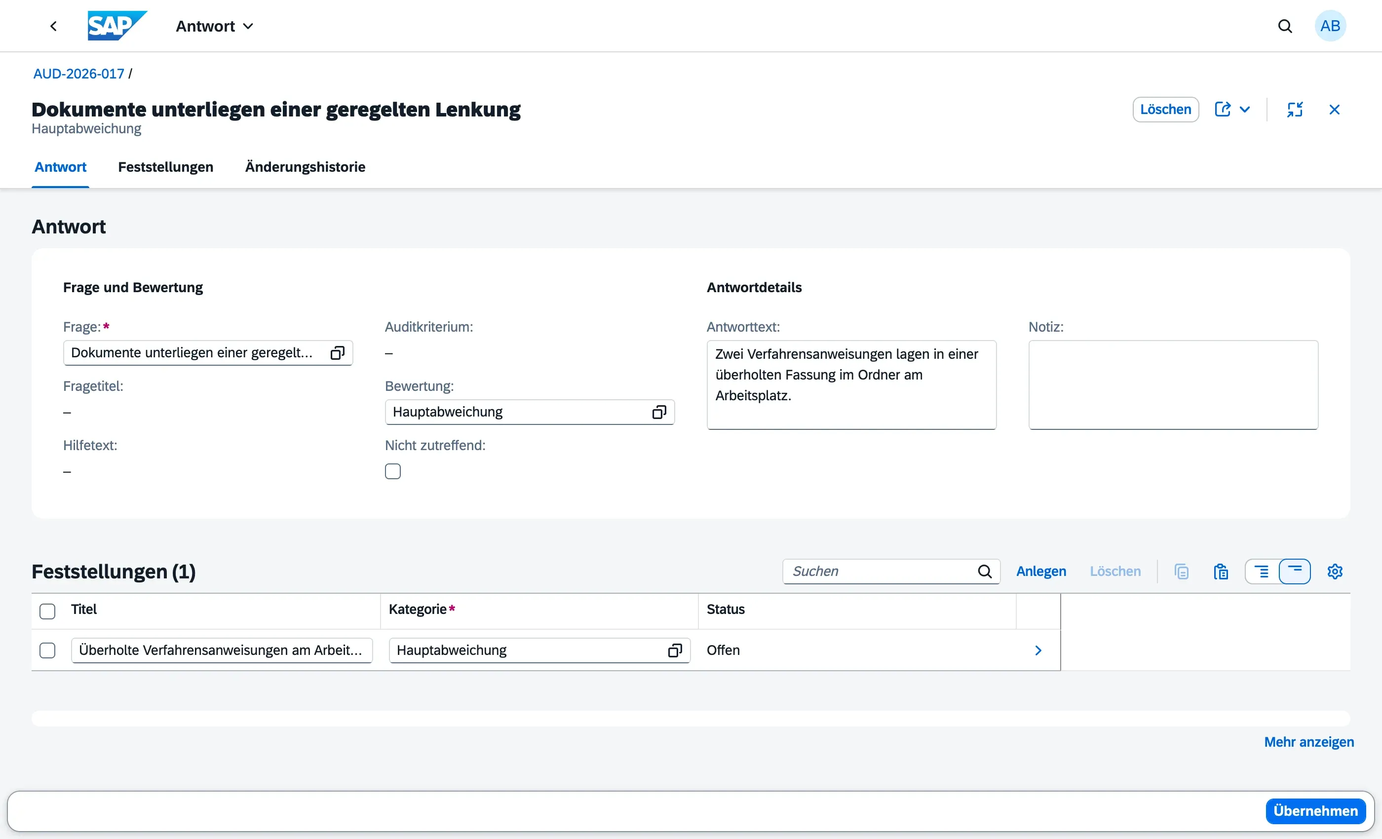 Erfassungsformular für eine Fragebogen-Antwort mit Bewertung, Antworttext und Notiz