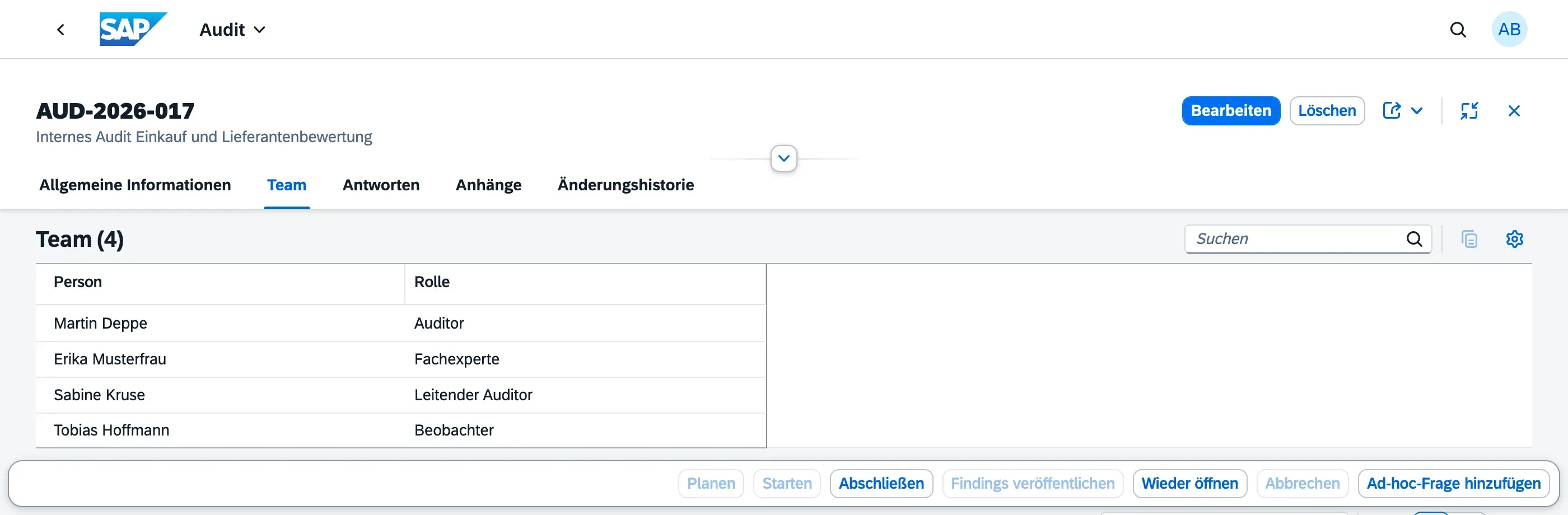 Abschnitt Team eines Audits mit den zugewiesenen Teammitgliedern und ihren Rollen