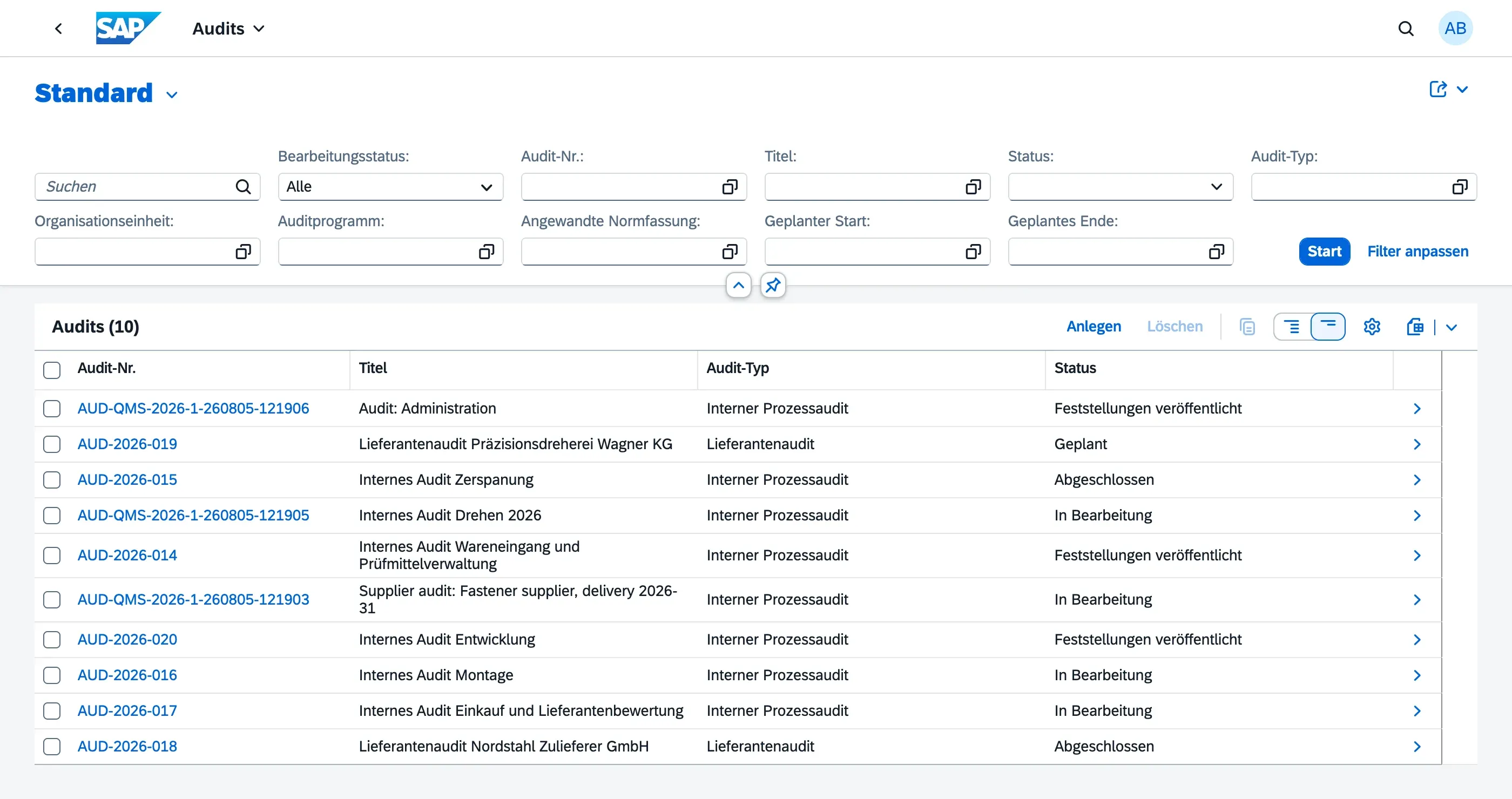 Audits-List-Report mit Audits, ihrem Status und weiteren Kerndaten