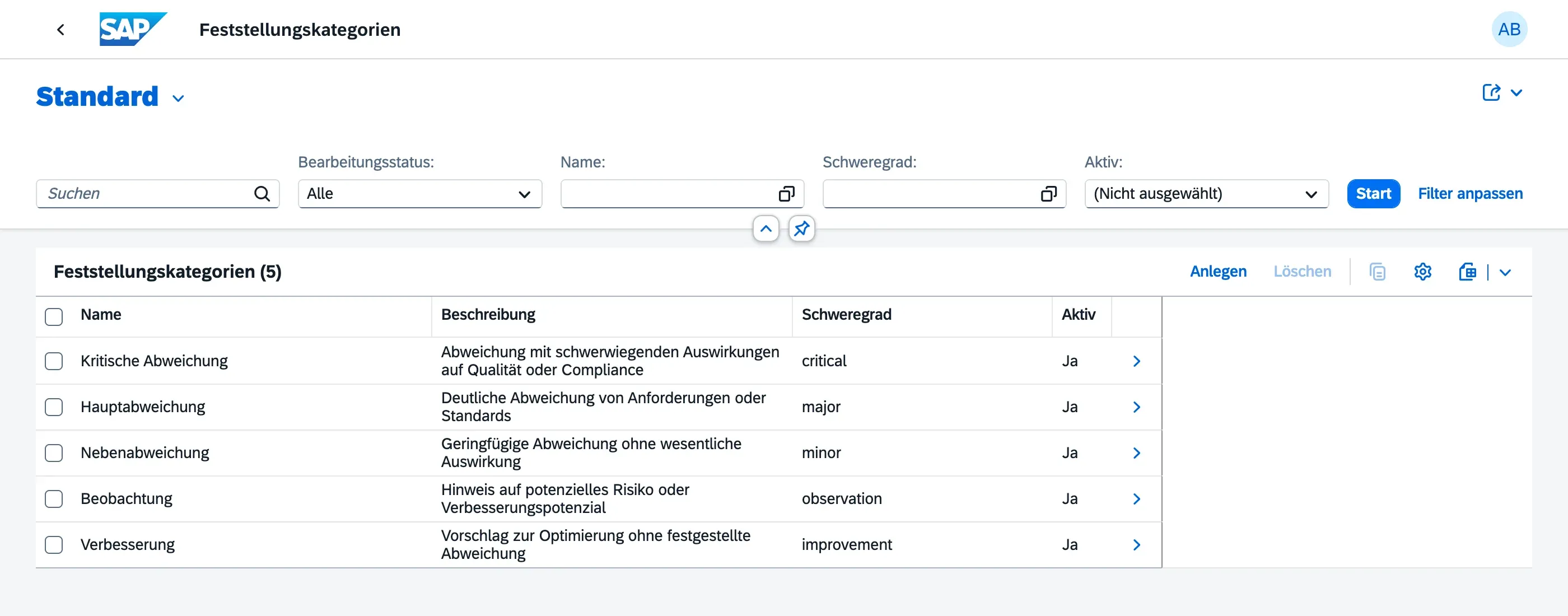 Pflege-App der Feststellungskategorien mit Name, Beschreibung, Schweregrad und Aktiv-Kennzeichen je Kategorie