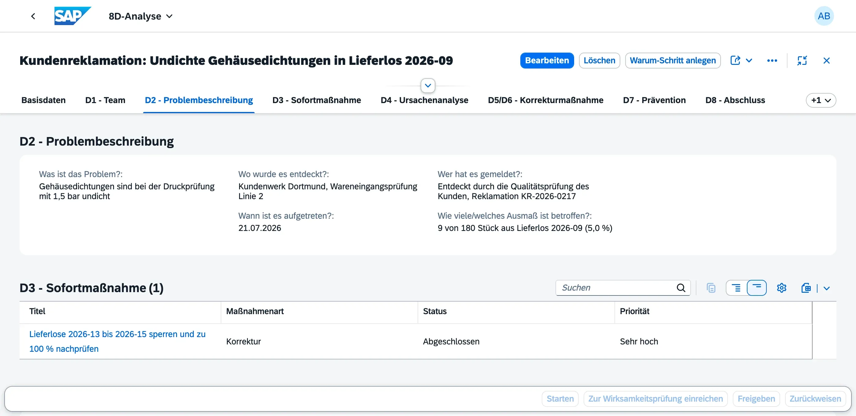 D2 Problembeschreibung mit den fünf strukturierten Fragen, darunter die Sofortmaßnahme aus D3