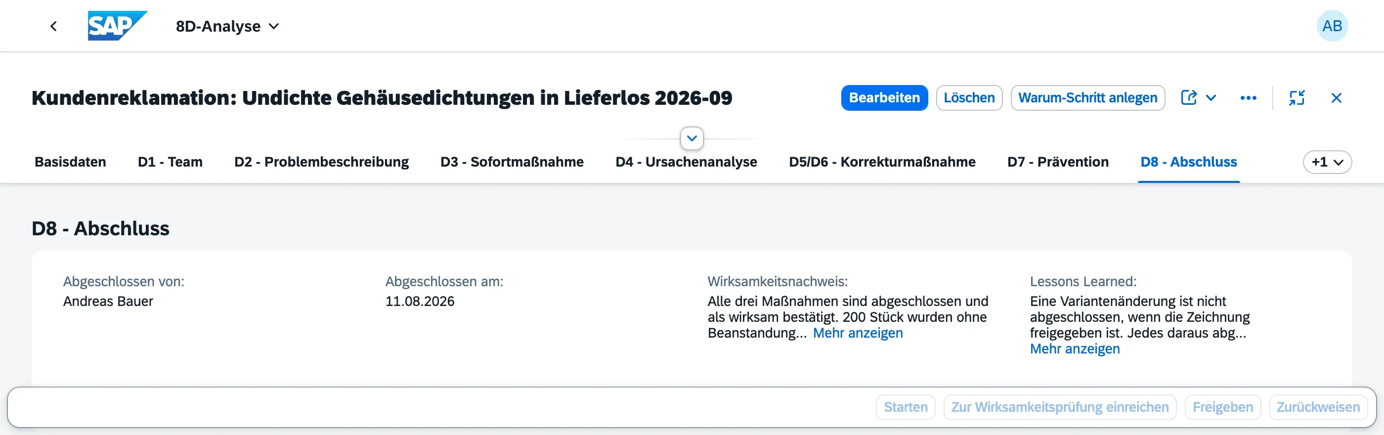 D8 Abschluss mit Abgeschlossen von, Abgeschlossen am, Wirksamkeitsnachweis und Lessons Learned