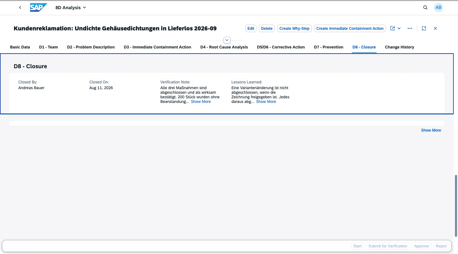 D8 Abschluss mit Abgeschlossen von, Abgeschlossen am, Wirksamkeitsnachweis und Lessons Learned