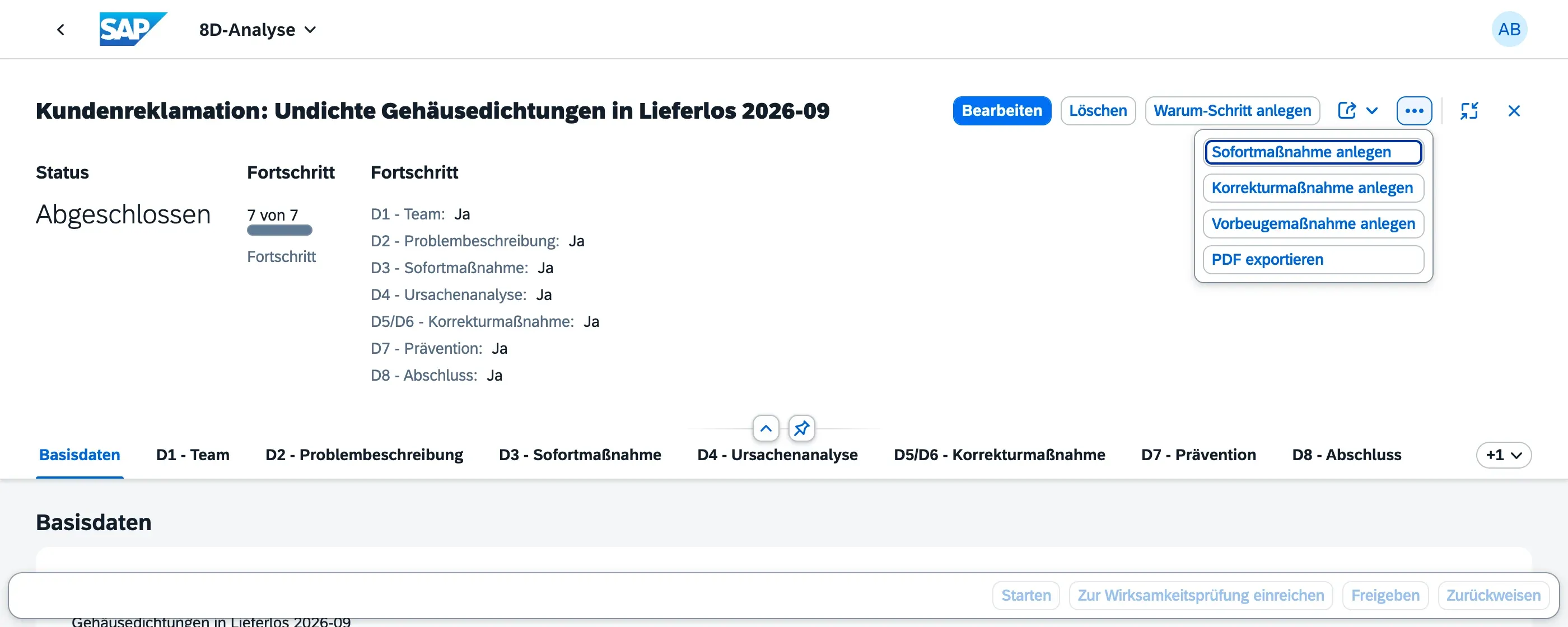 Kopfmenü mit Korrekturmaßnahme anlegen, Vorbeugemaßnahme anlegen und PDF exportieren