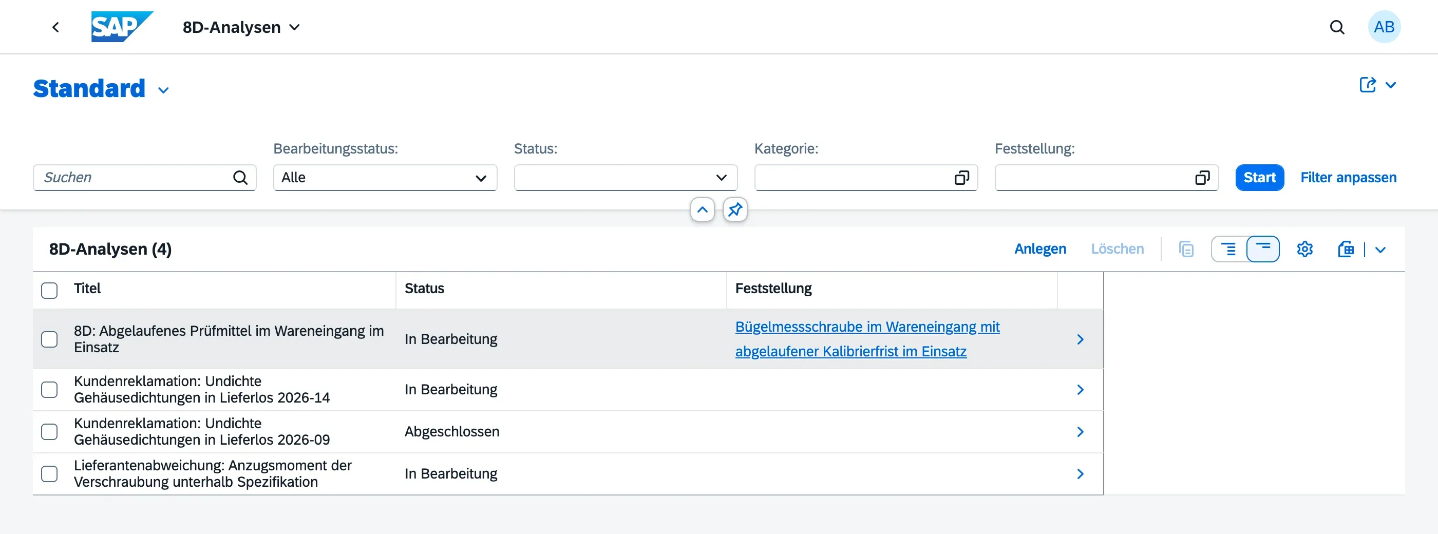 Liste der 8D-Analysen mit Status und Kategorie je Analyse