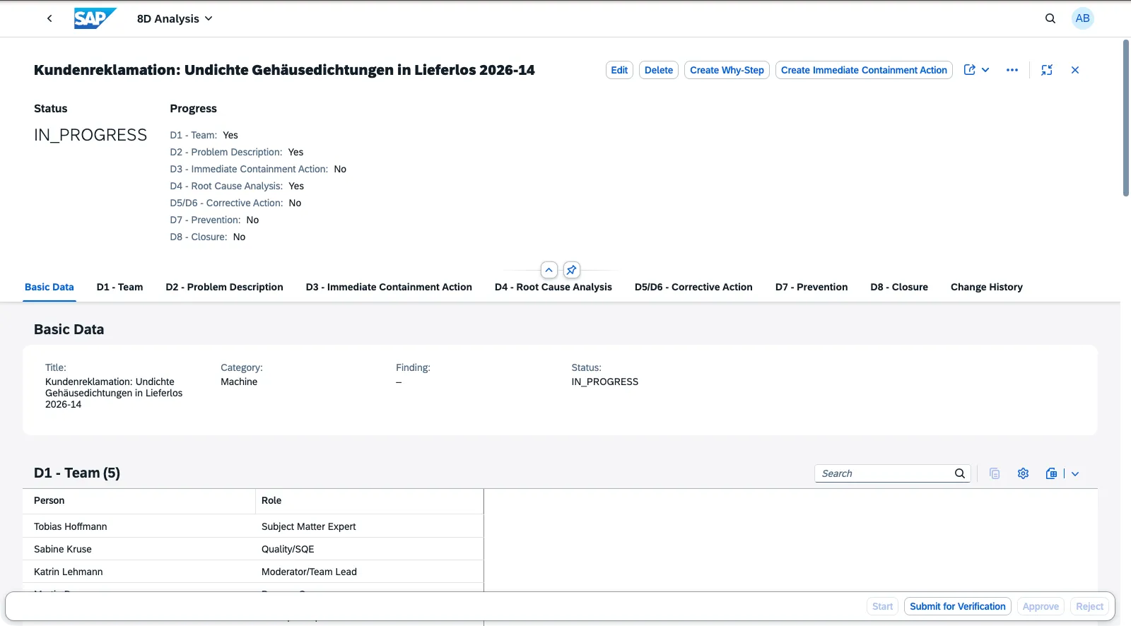 Kopfbereich einer 8D-Analyse mit der Fortschrittsanzeige D1 bis D8 und der Teamtabelle aus D1