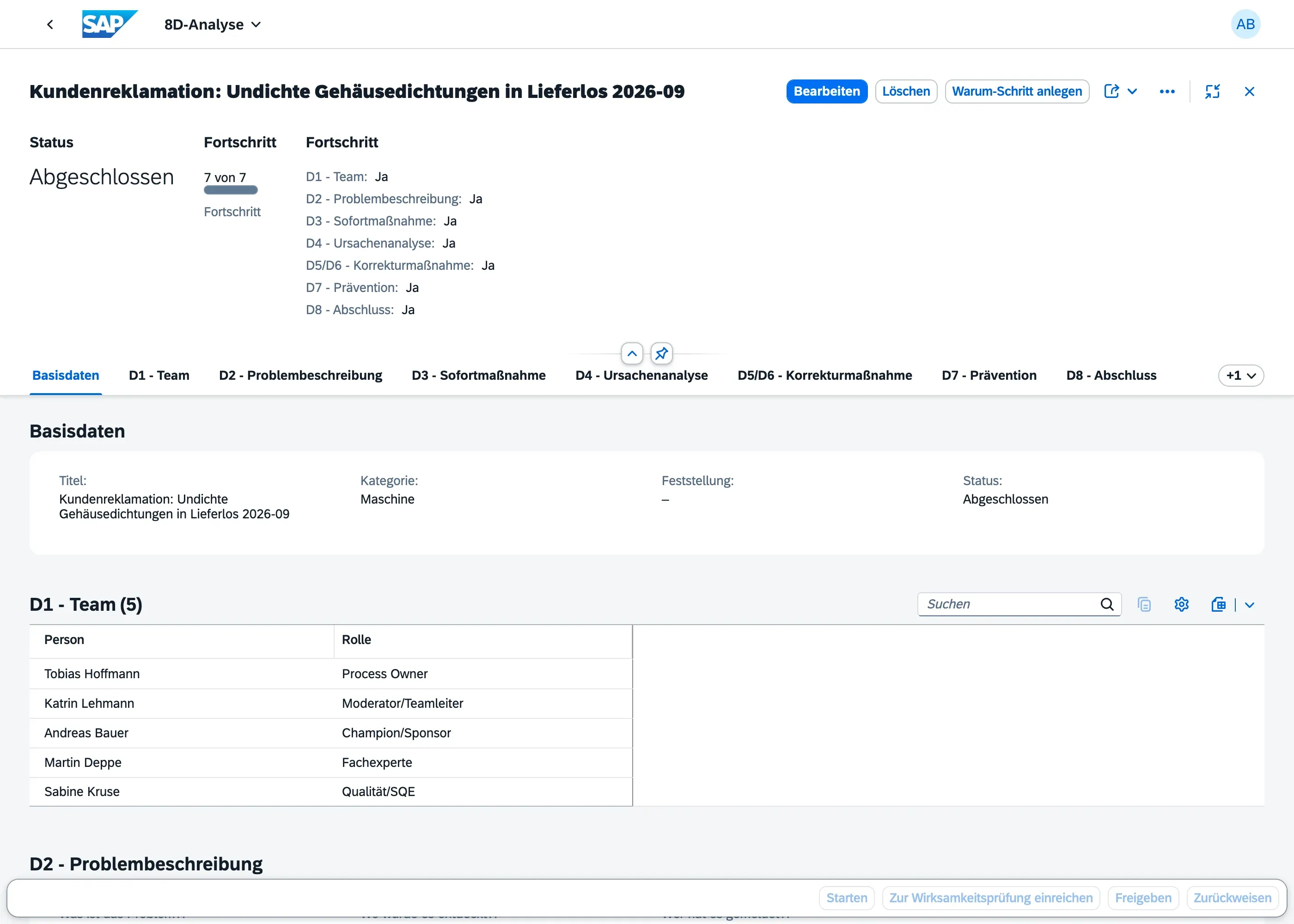 Kopfbereich einer 8D-Analyse mit der Fortschrittsanzeige D1 bis D8 und der Teamtabelle aus D1