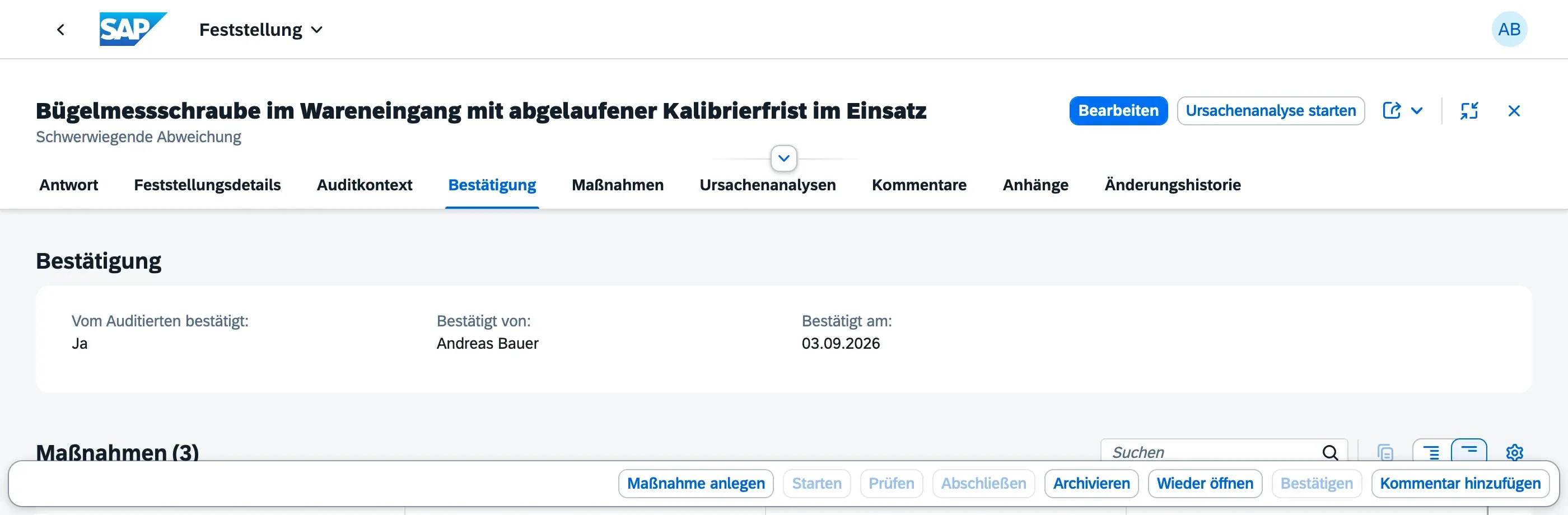 Abschnitt Bestätigung einer bestätigten Feststellung mit Vom Auditierten bestätigt, Bestätigt von und Bestätigt am