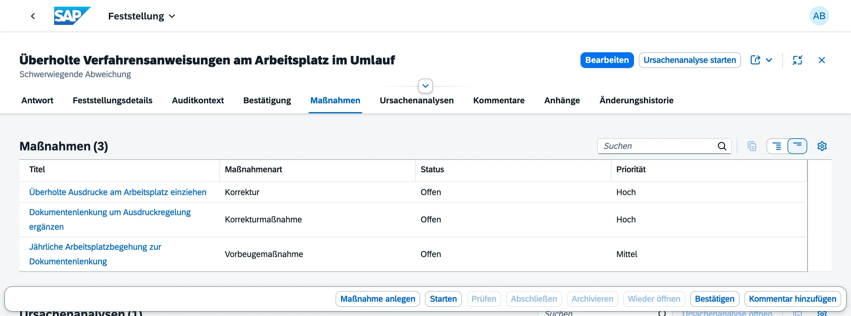 Reiter Maßnahmen bei einer Feststellung mit einer angelegten Maßnahme