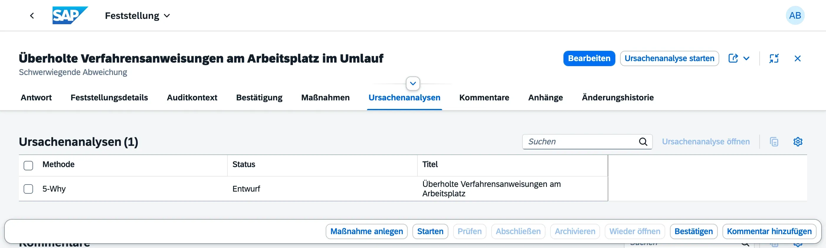 Abschnitt Ursachenanalysen einer Feststellung mit Methode, Status und Titel der verknüpften Analyse