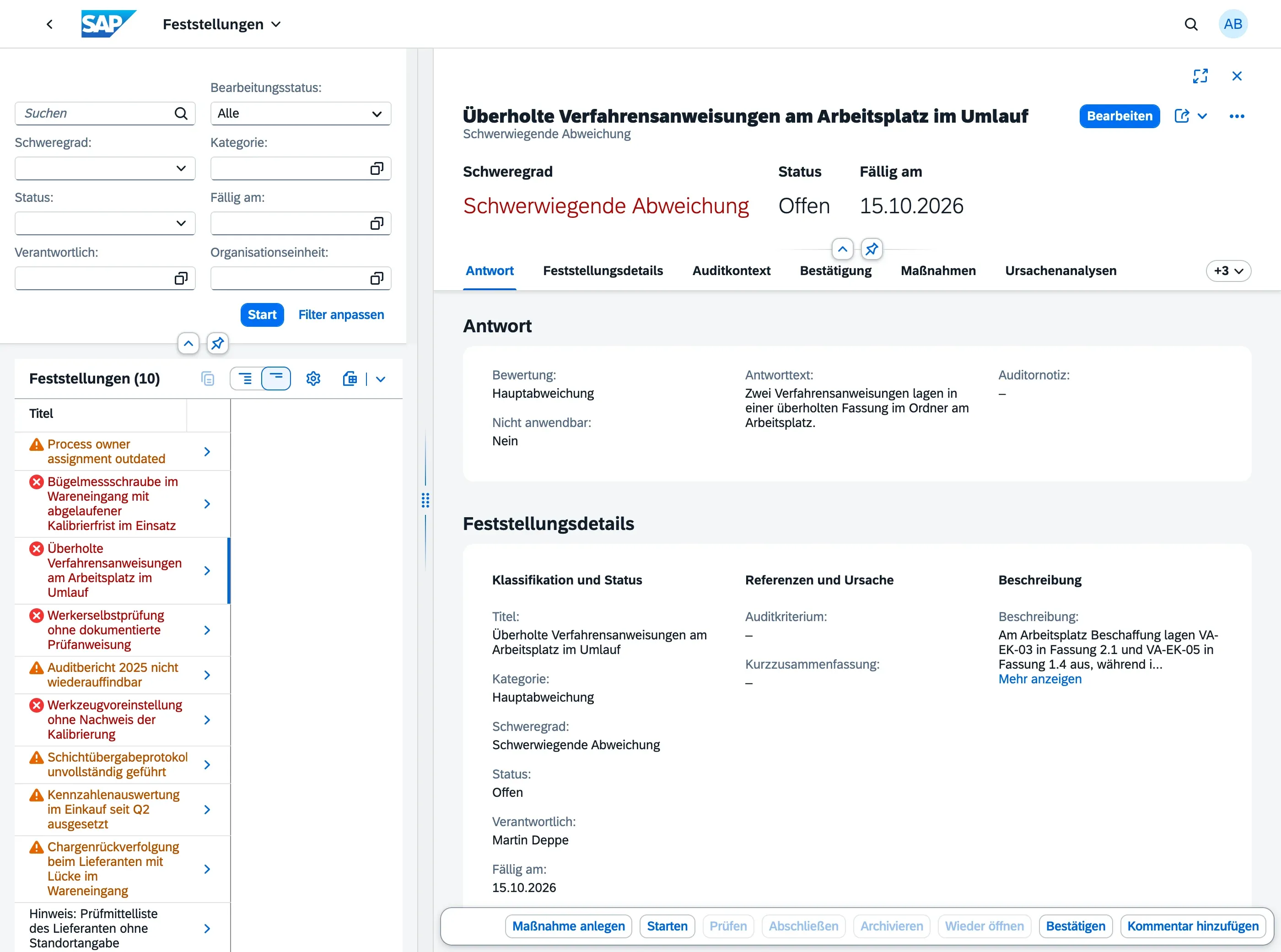 Feststellungen-App in geteilter Ansicht mit der Liste links und einer geöffneten Feststellung rechts