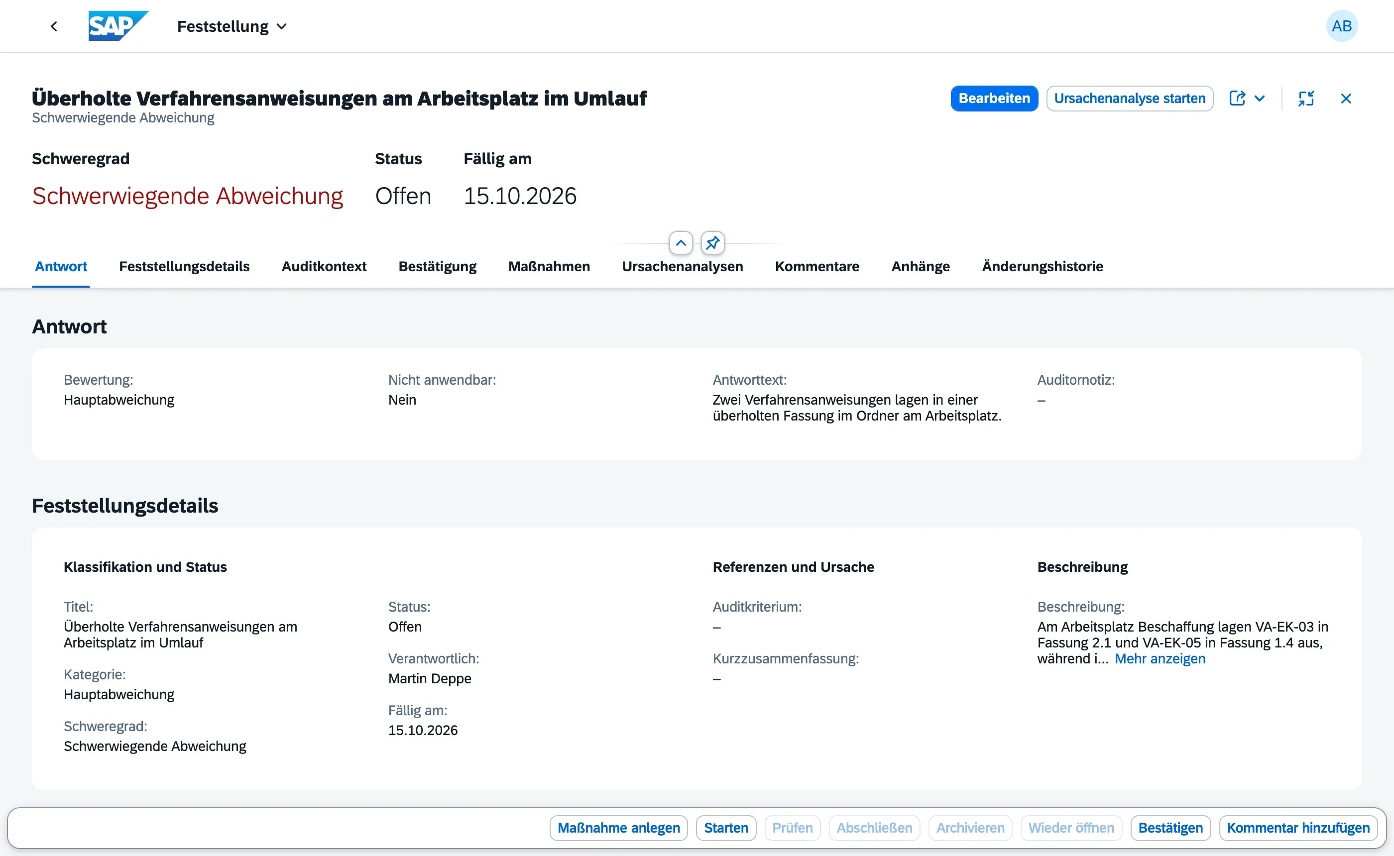 Detailseite einer Feststellung mit der Schaltfläche „Ursachenanalyse starten“ im Kopfbereich