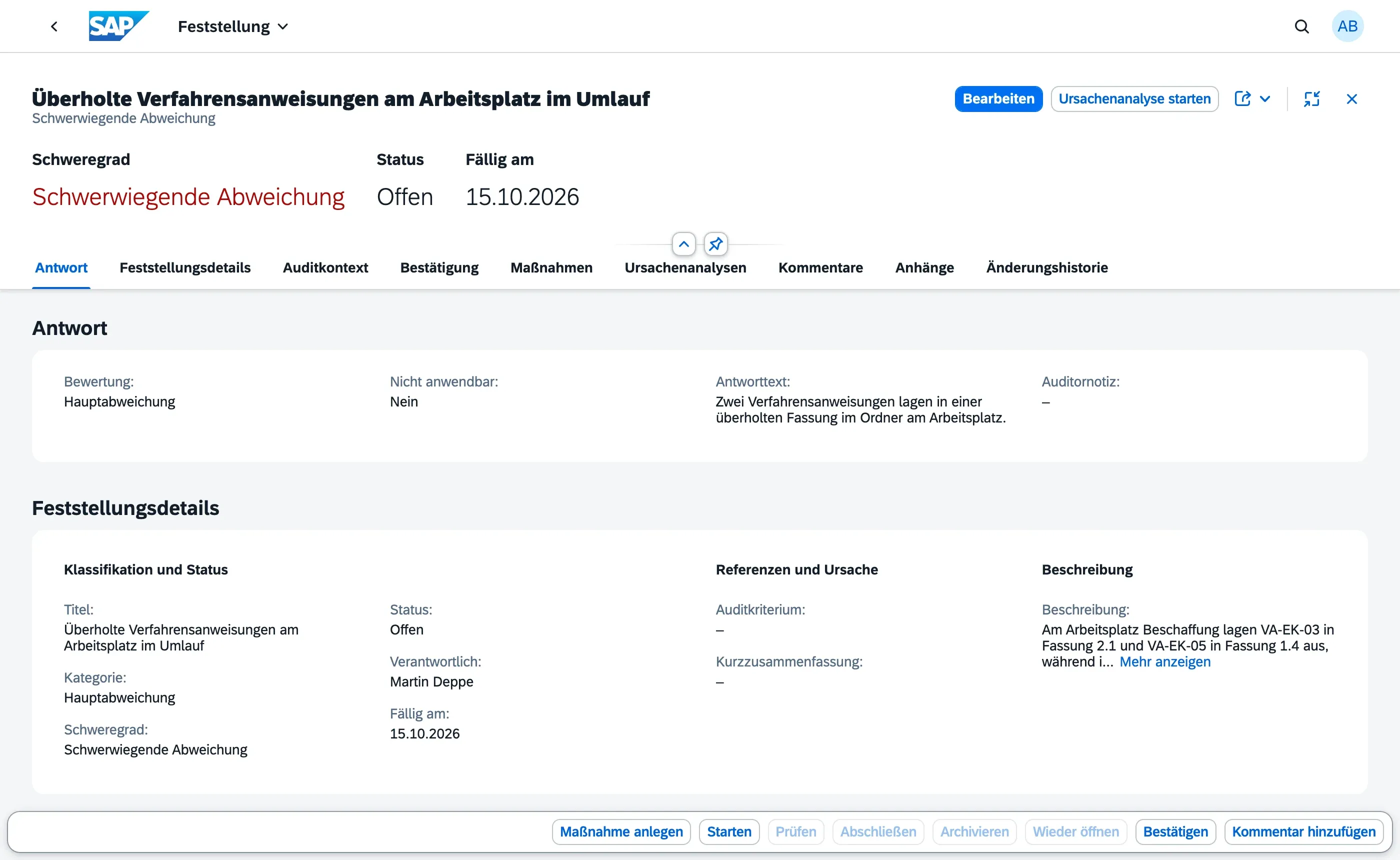 Fußzeile der Feststellungs-Detailseite mit den Schaltflächen Starten, Prüfen, Abschließen, Archivieren und Wieder öffnen