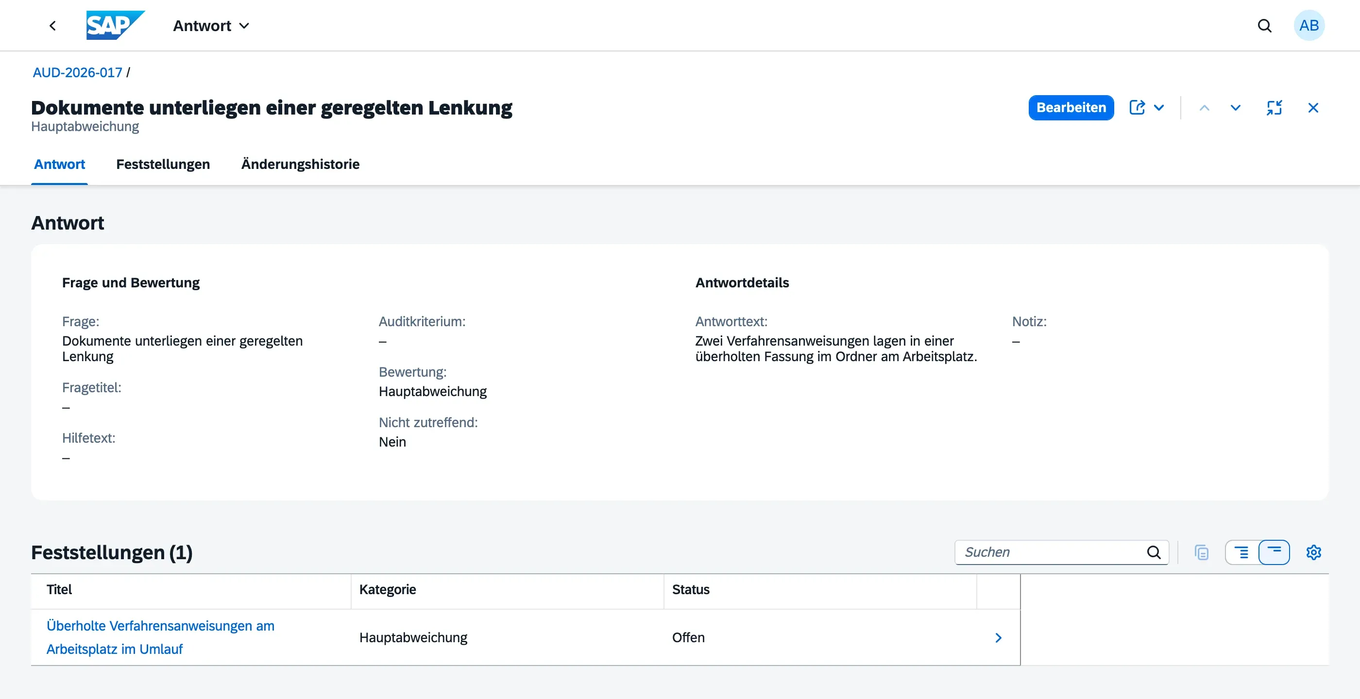 Detailseite einer Fragebogen-Antwort mit der Tabelle der Feststellungen zu dieser Antwort