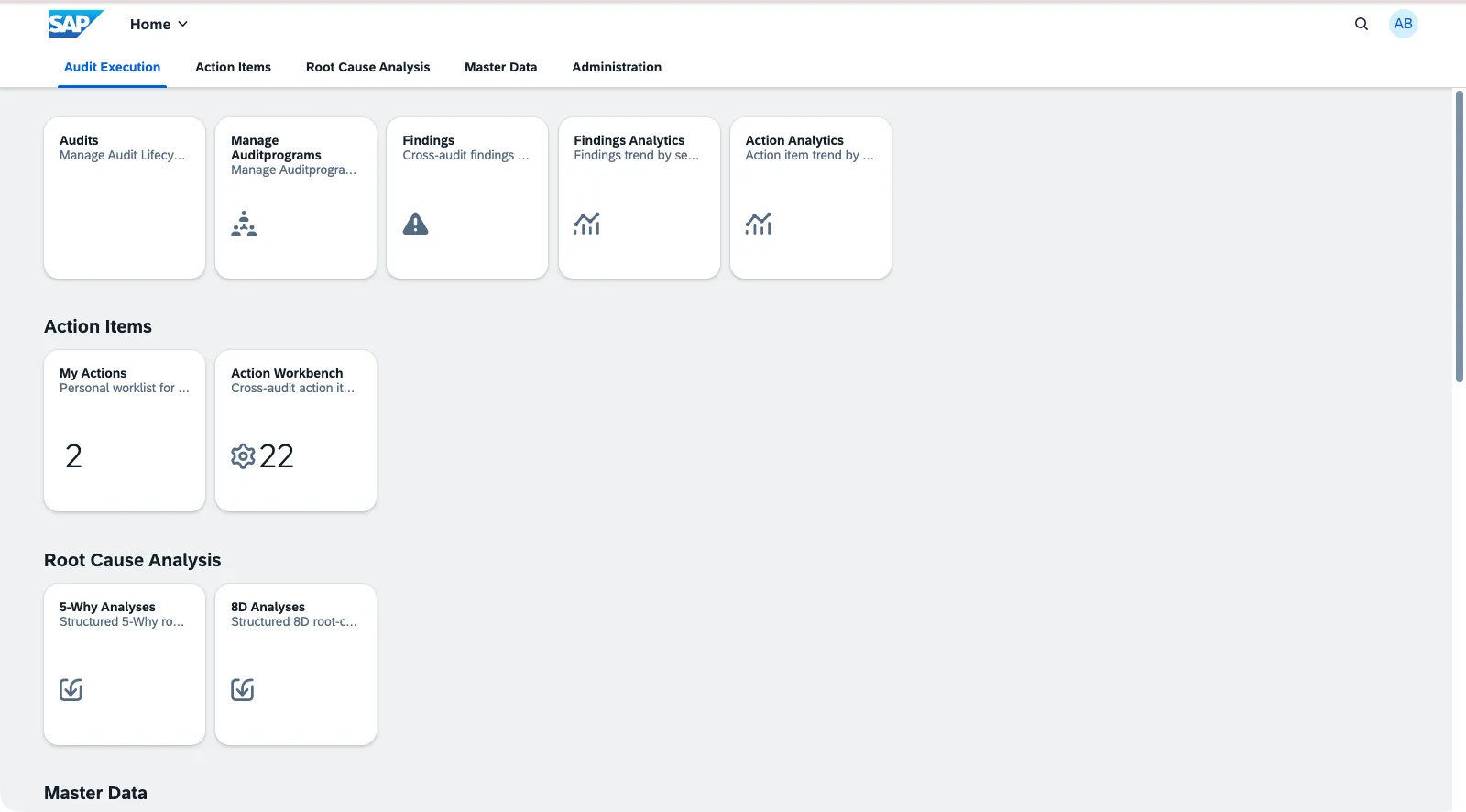 Fiori Launchpad mit den Kachelgruppen Audit-Durchführung, Maßnahmen und Ursachenanalyse