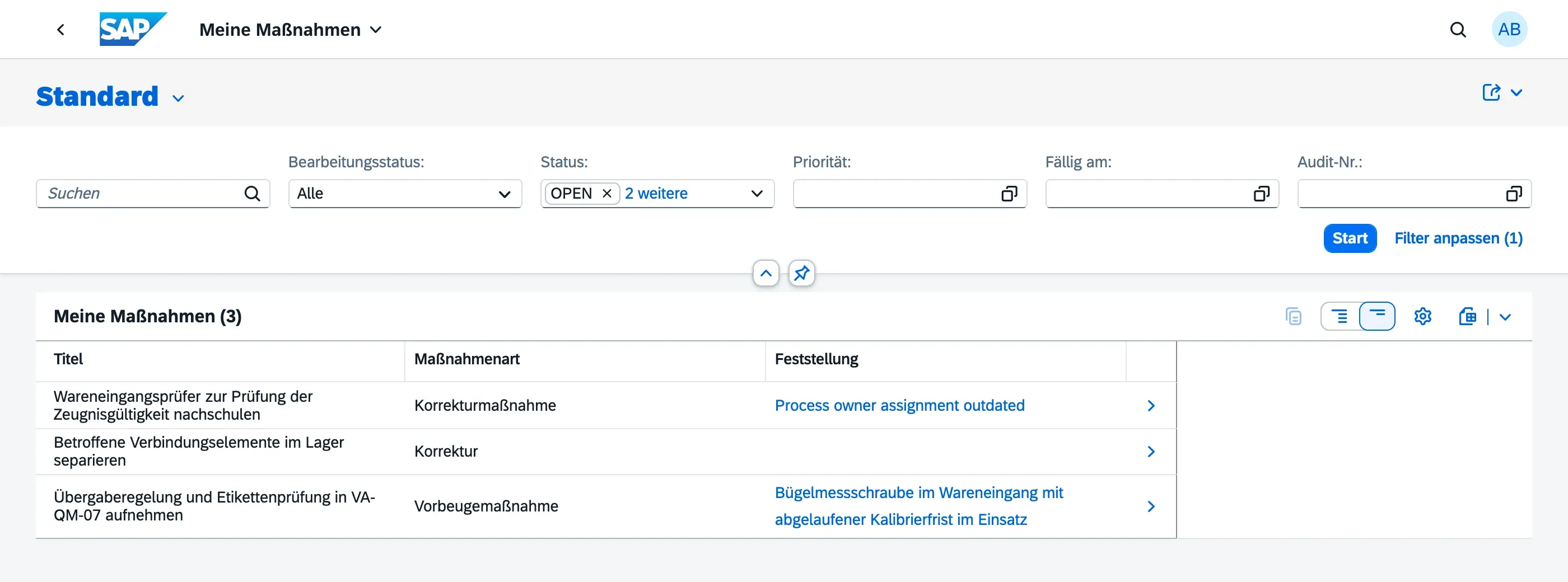 Liste Meine Maßnahmen mit den dem aktuellen Benutzer zugewiesenen Maßnahmen