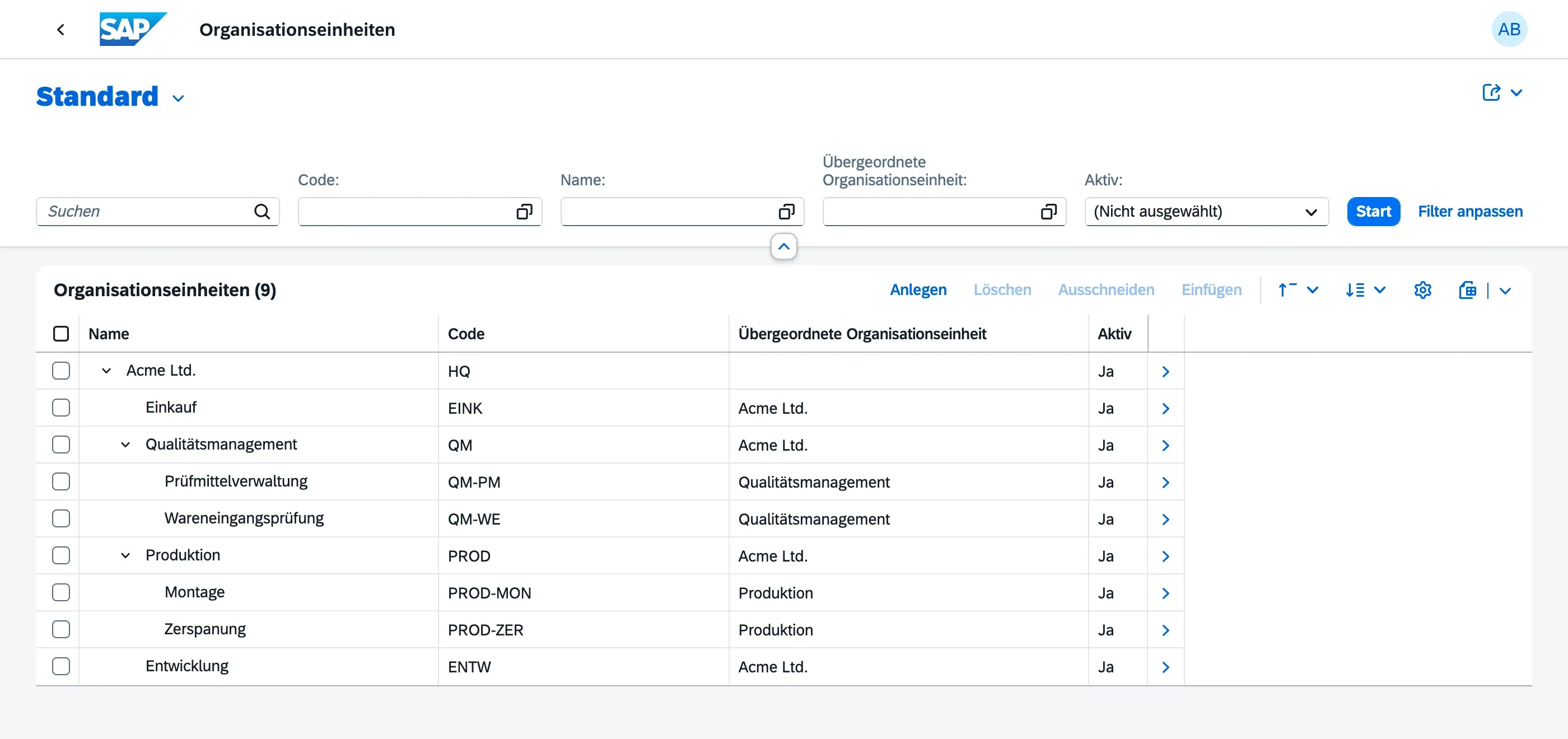 Baumtabelle der Org-Einheiten-App mit der Organisationshierarchie
