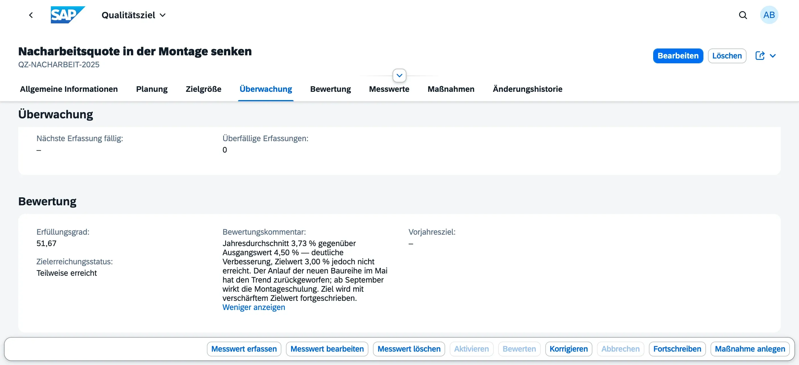 Abschnitte Überwachung und Bewertung eines bewerteten Ziels mit Erfüllungsgrad, Zielerreichungsstatus und Bewertungskommentar