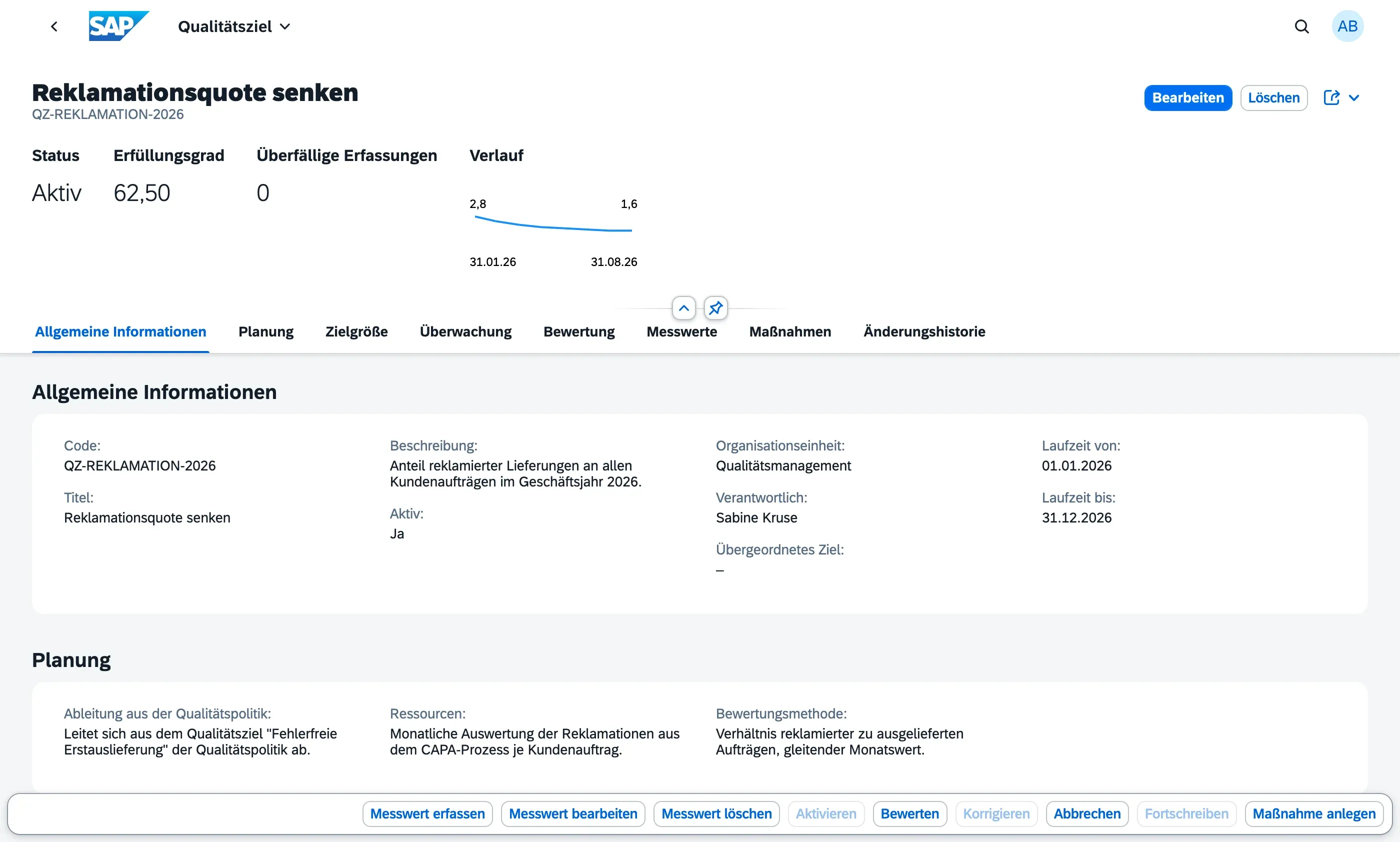 Objektseite eines Qualitätsziels mit Kopfbereich, Verlaufskurve und den Abschnitten Allgemeine Informationen und Planung