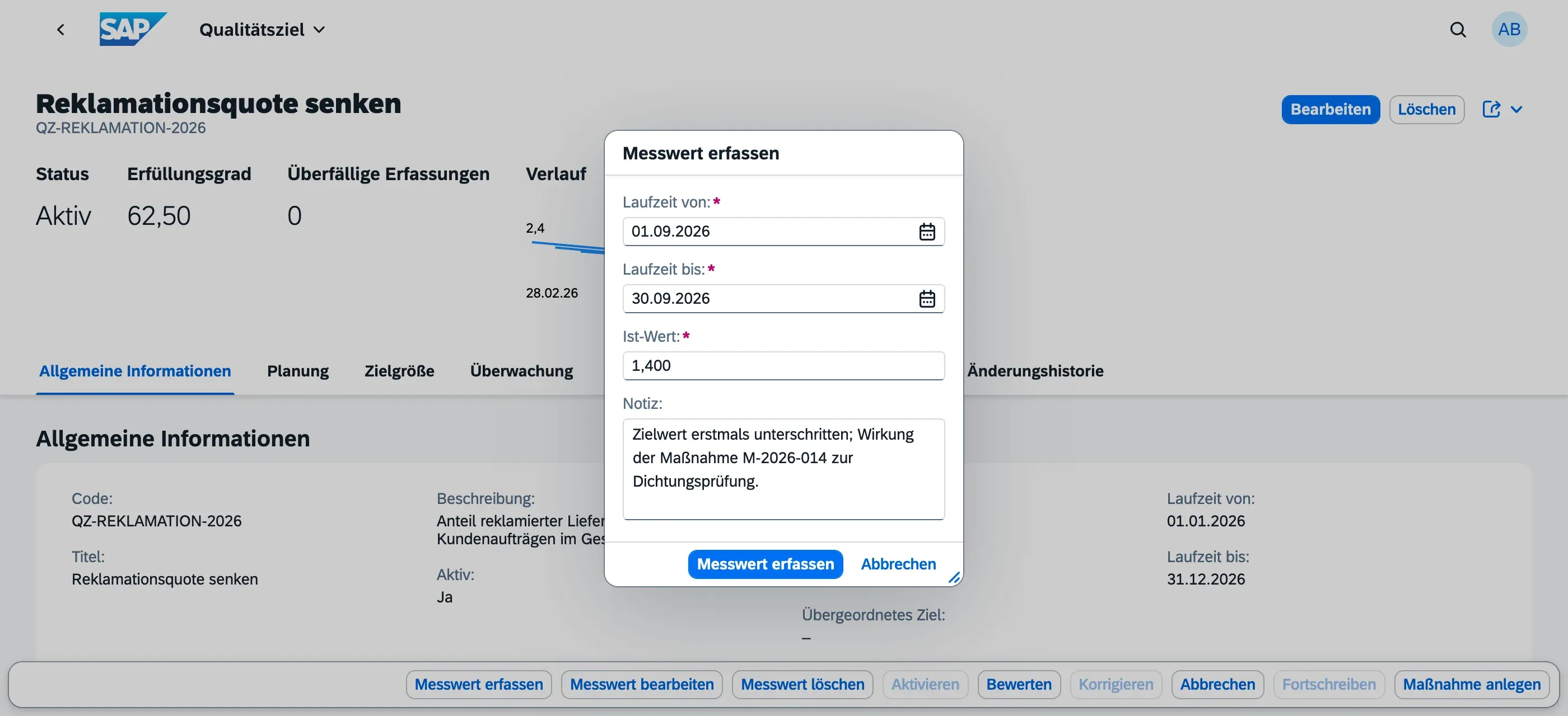 Dialog „Messwert erfassen“ mit Laufzeit von, Laufzeit bis, Ist-Wert und Notiz