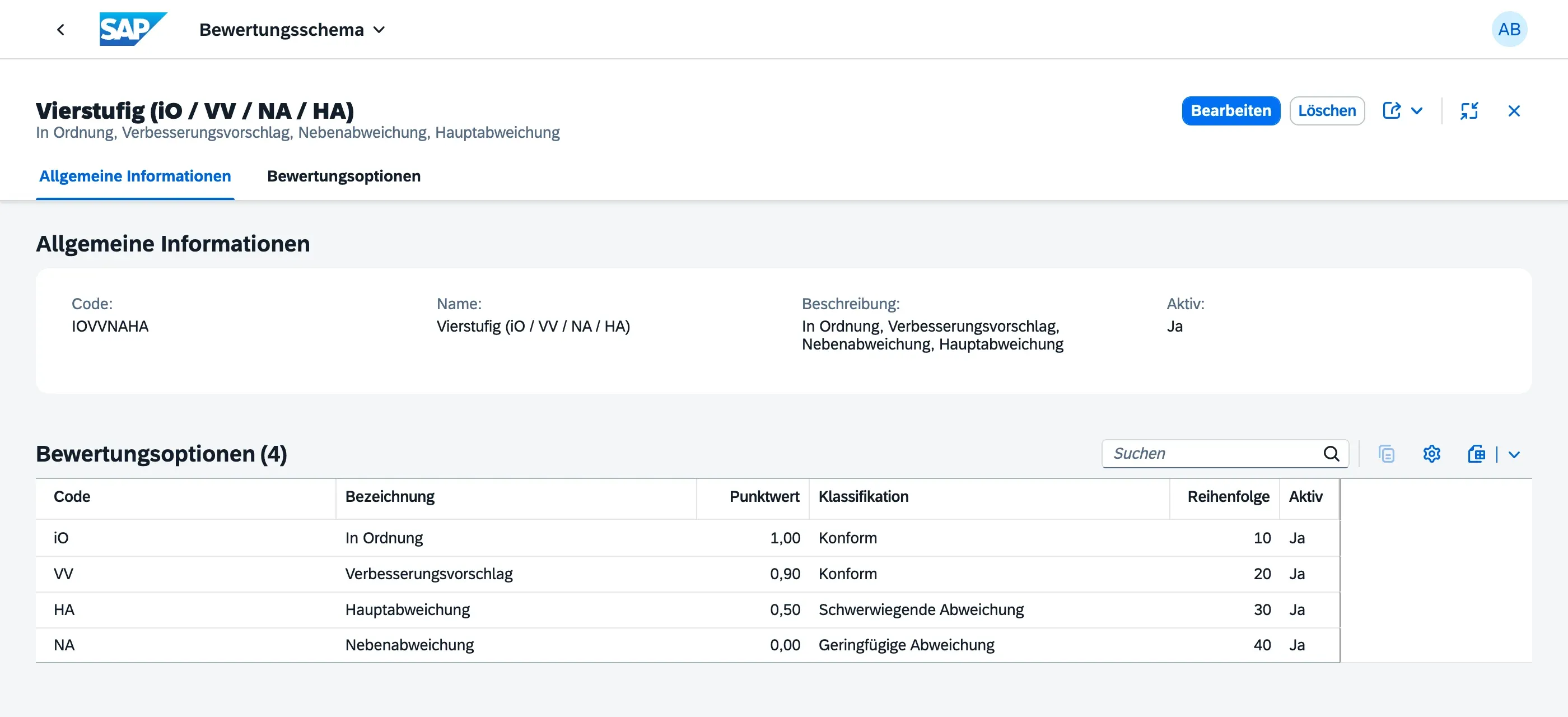 Detailseite eines Bewertungsschemas mit den Bewertungsoptionen HA, iO, NA und VV