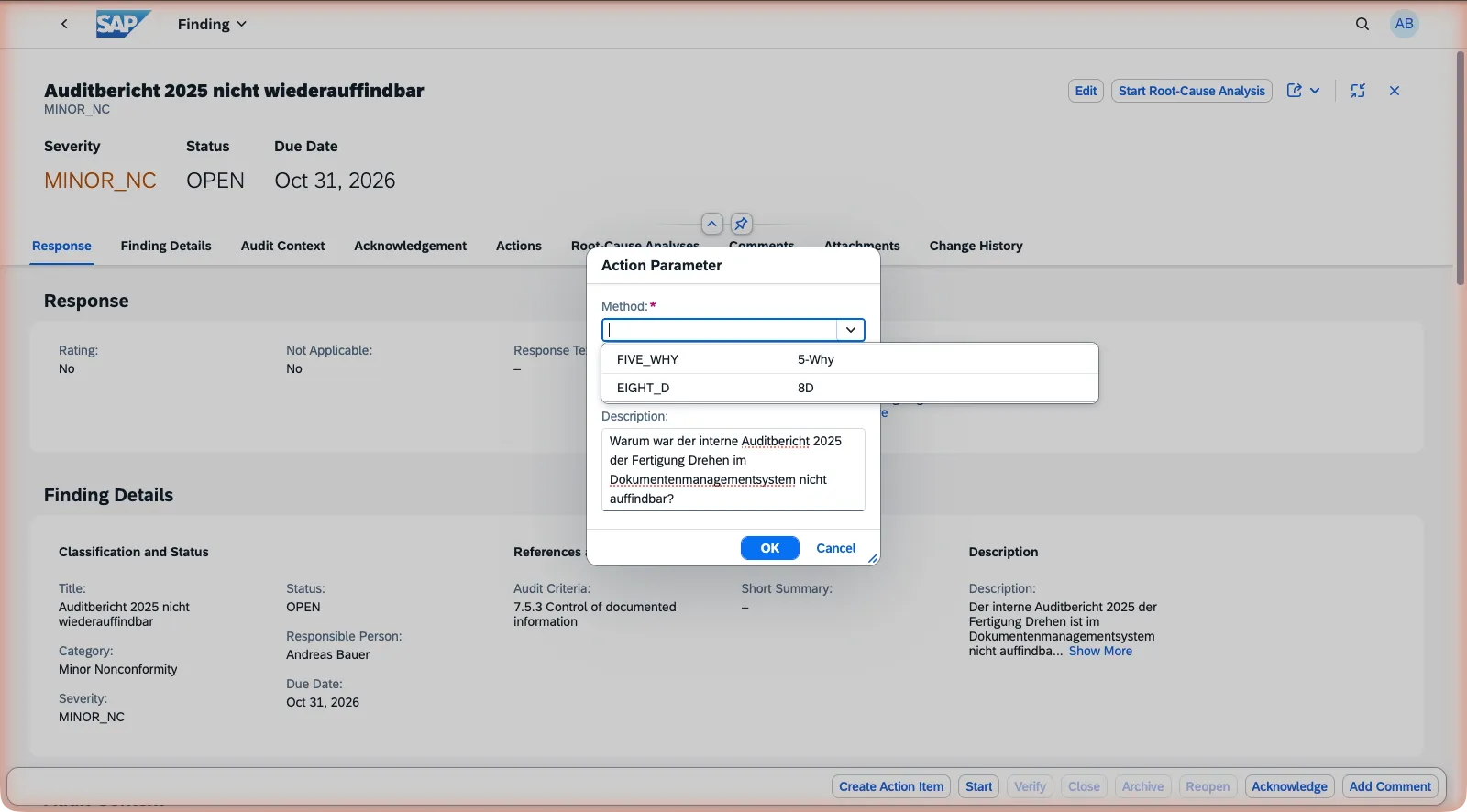 Dialog „Ursachenanalyse starten“ auf einer Feststellung mit geöffneter Methodenauswahl (5-Why und 8D)