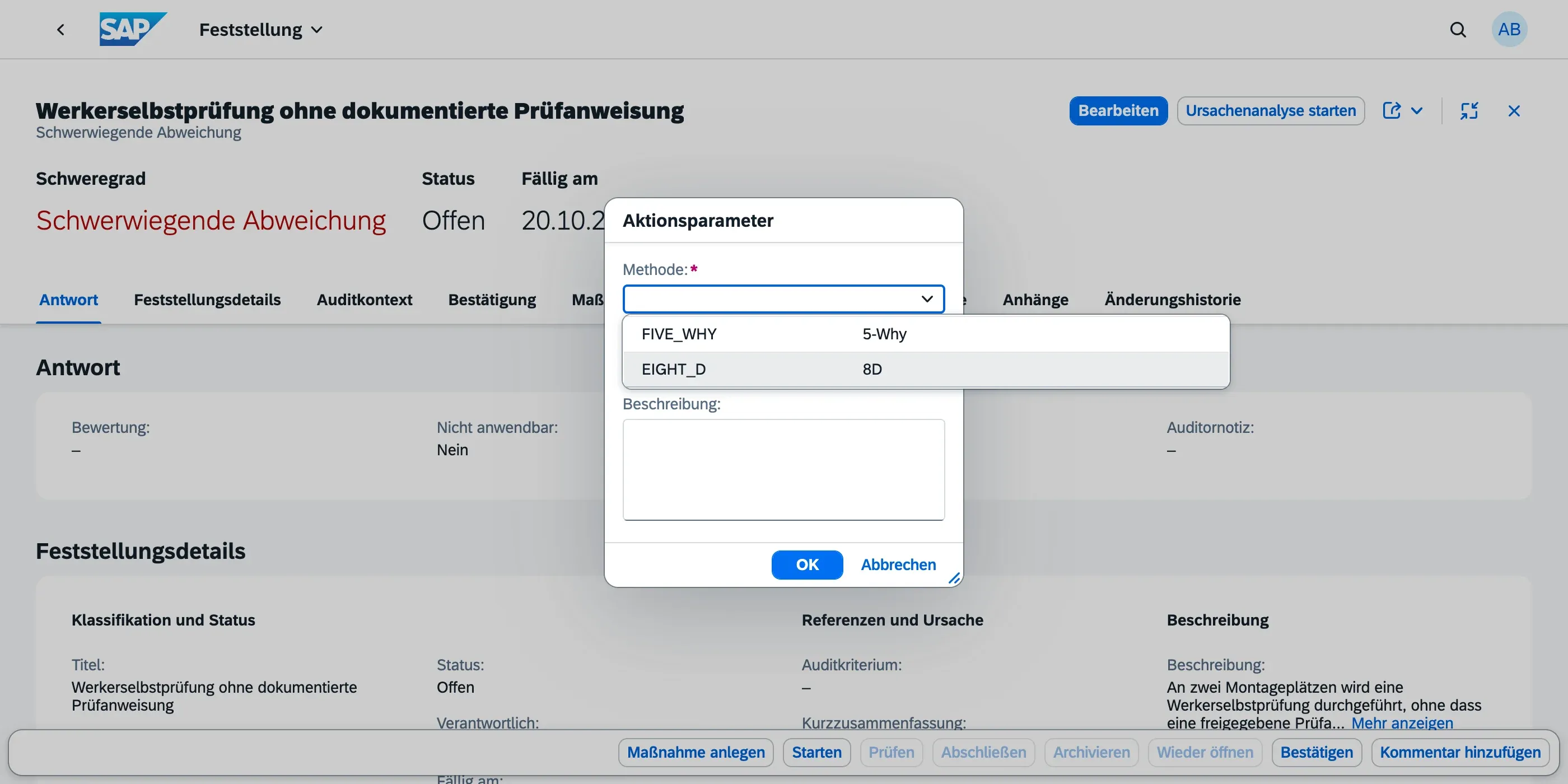 Dialog „Ursachenanalyse starten“ auf einer Feststellung mit geöffneter Methodenauswahl (5-Why und 8D)