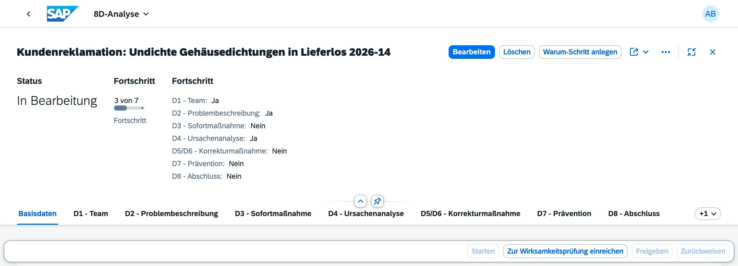 8D-Analyse im Status In Bearbeitung: Kopfbereich mit Status und Fortschritt D1 bis D8, unten die Statusschaltflächen, von denen nur „Zur Wirksamkeitsprüfung einreichen“ aktiv ist